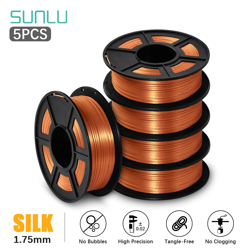 

SUNLU SILK PLA Filament 1.75MM 1KG 5 Rolls/Set Close To SILK Effect No Bubble Non-Toxic Eco-Friendly Odorless Good Toughness