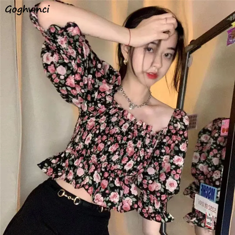 

Summer Floral Design Sweet Square Collar Blouses Women Girlish Folds Fashion Cropped Slim Sexy Party Aesthetics Tender Popular