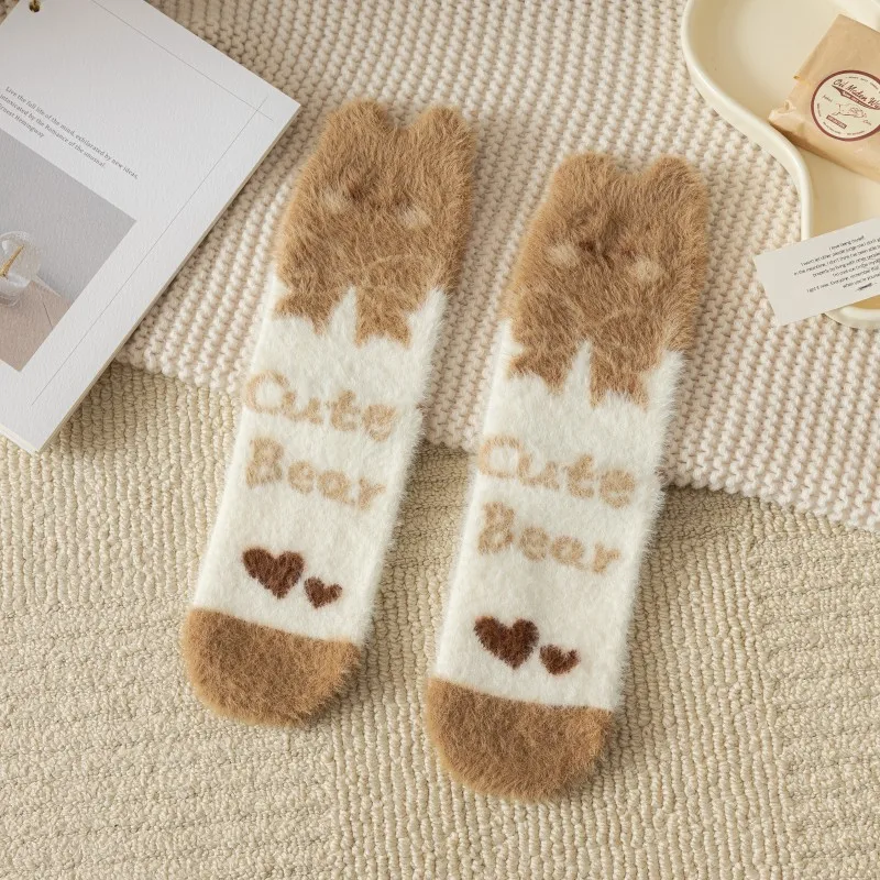 Cute Cartoon Bear Warm Thick Socks for Women Winter Fluffy Kawai Sleep Socks New Breathable Middle Tube Girl Fuzzy Thermal Socks