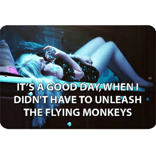 

1p, жестяная металлическая вывеска с юмором ведьмы, хороший день, неселье, летающие обезьяны, забавное искусство