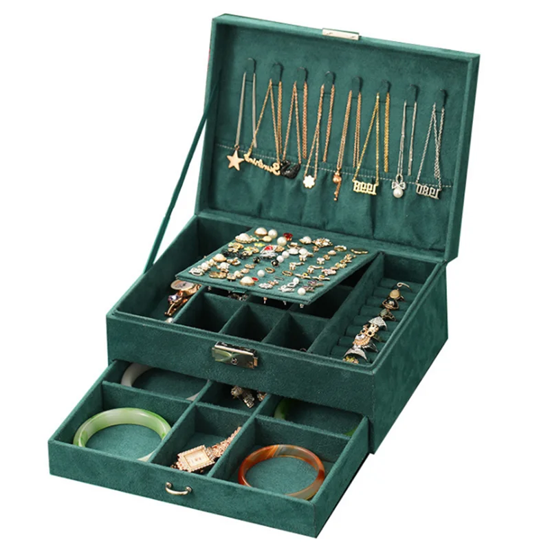 

Double Deck High Capacity Flannel Jewelry Box Dark Green Velvet Jewel Case