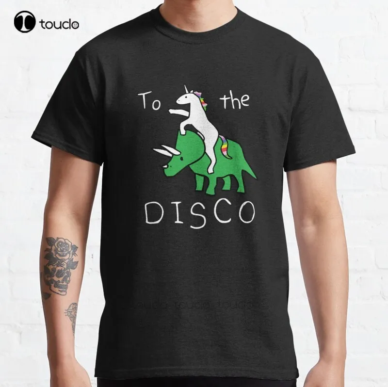 

New To The Disco (White Text) Unicorn Riding Triceratops Classic T-Shirt Cotton Men Tee Shirt Vintage Tees Fashion Funny New