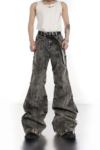 Коллекция 2023 года, нишевые плиссированные потертые джинсы Culture, повседневные брюки-клеш с высокой талией, модные длинные мужские джинсы