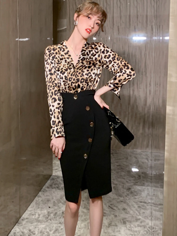 

new arrival fashion korean spring midi beach dress women OL temperament sexy leopard print acetate long-sleeve slim pencil dress