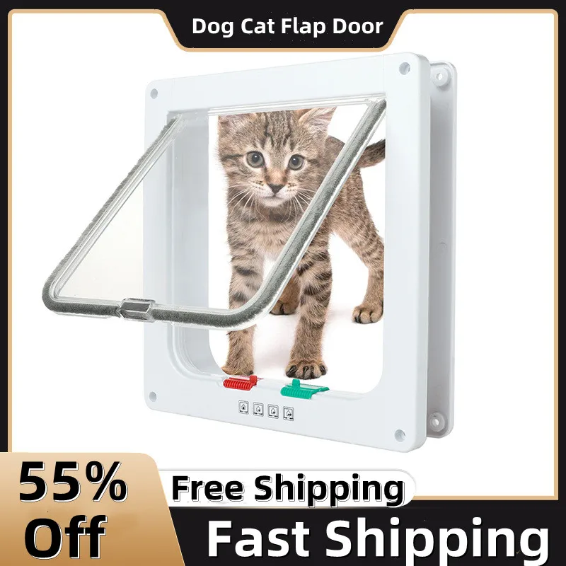 

Dog Cat Flap Door with 4 Way Security Lock Flap Door for Dog Cats Kitten ABS Plastic Small Pet Gate Door Kit Cat Dogs Flap Doors