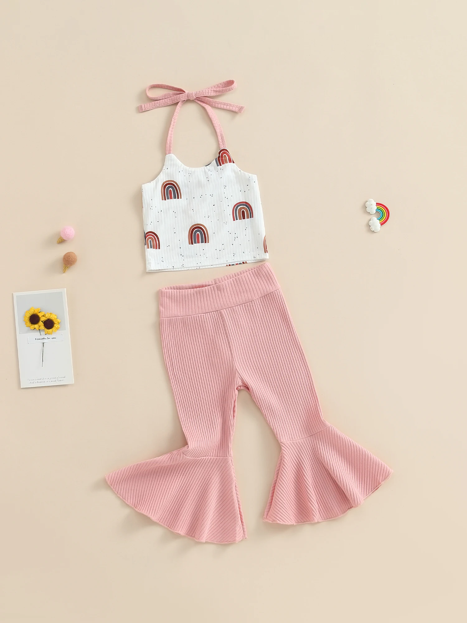 

Boho Toddler Girl Summer Outfit Ribbed Knit Halter Crop Top Rainbow Print Bell Sleeve Top and Solid Bell Bottom Pants