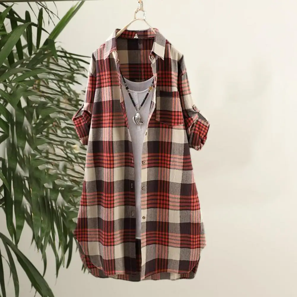 

Women Fall Long Shirt Plaid Print Mid Length Patch Pocket Casual Shirt Single-breasted Long Sleeve Buttons Irregular Hem Blouse