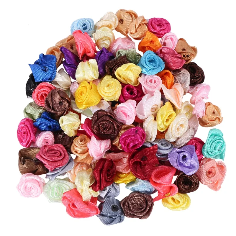 

100PCS/Lot Mini Handmade Satin Rose Ribbon Rosettes Fabric Flower Appliques For Wedding Decoration Craft Sewing Accessories