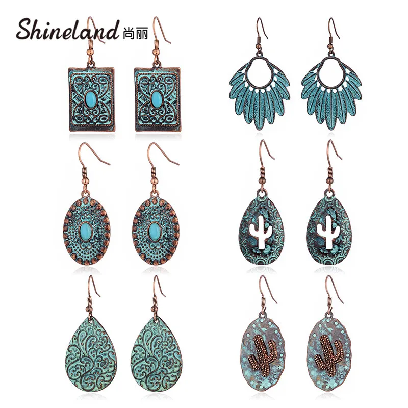 

Shineland Trendy Bohemian Drop Earrings Bronze Flower Leaves Hollow Vintage Carved Ethnic Dangle Earring Female Charm Jewelry
