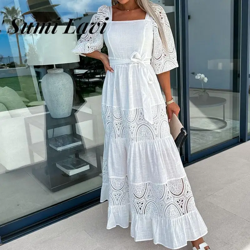 

Summer Lace-up Hollow Jacquard Big Hem Pleats Dress Women Lace Splicing Half Sleeve Long Dress Square Collar Solid Long Dresses