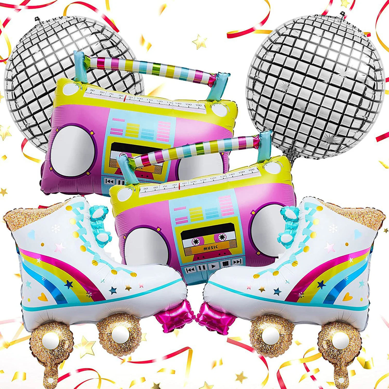 6pcs Roller Skate Helium Balloons Anniversary Hip Hop Party Decoration Popular Resuable Aluminum Foil Boombox Shape Retro Disco