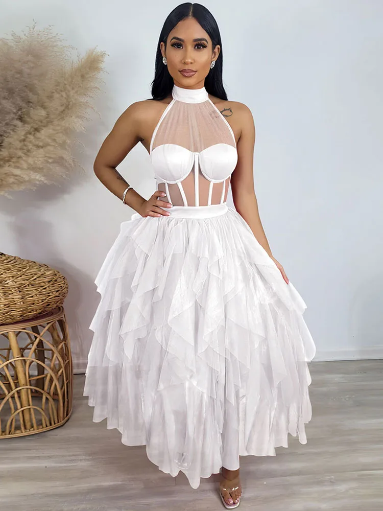 

Сексуальное Сетчатое длинное платье с лямкой на шее для выпускного вечера для женщин прозрачные наряды с открытой спиной облегающее платье макси для свадебного вечера