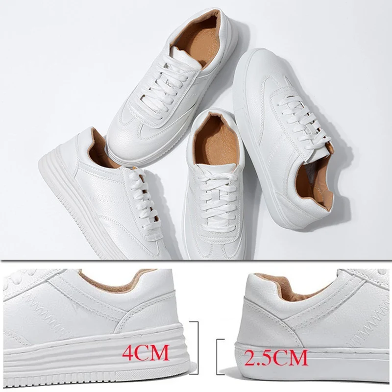 Women Fashion White Split Leather Chunky Sneakers White Shoes Lace Up Women's Tennis Shoes vulcanise Platform Woman Casual Shoes