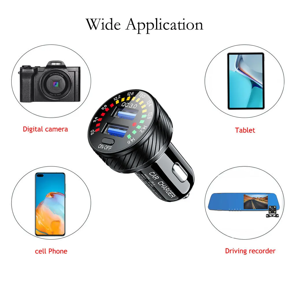 36W Car Charger Dual USB Fast Charging Car Phone Charger Adapter With Colorful Voltmeter ON/OFF Switch For iPhone 14 Car Charger