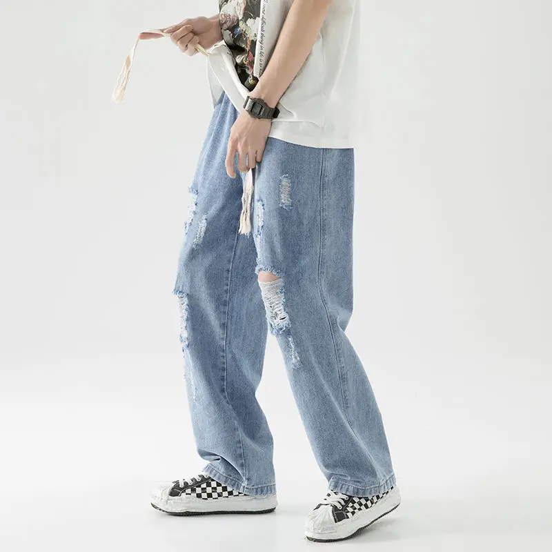 Wide Leg Men's Fashion Y2K Clothes Male Retro Baggy Ripped Jeans Casual Elasticity Drawstring Pants Straight Tousers For Men