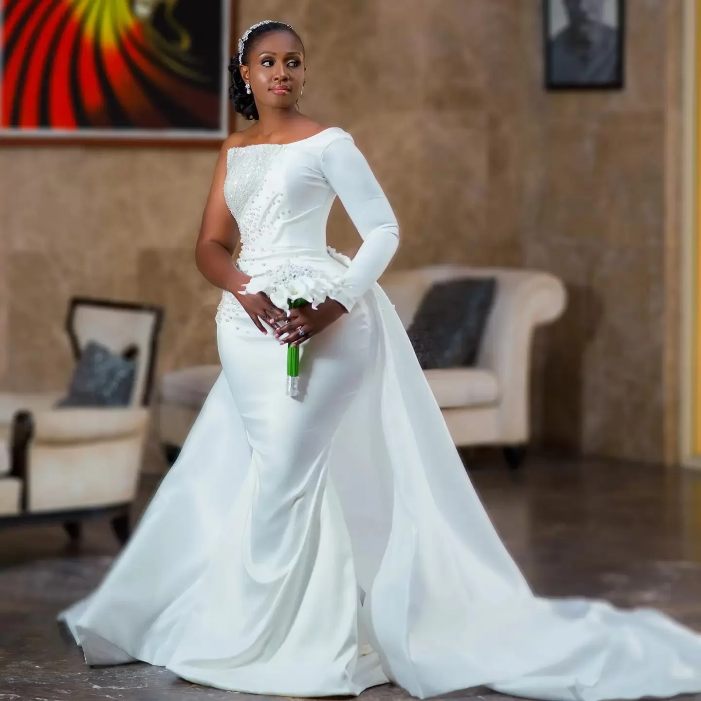 

Жемчужное свадебное платье с юбкой годе со съемным шлейфом и бусинами на одно плечо с длинным рукавом свадебные платья Robe de mariee 2023