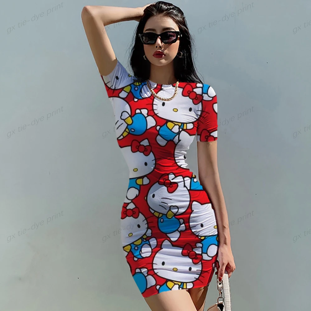 

Hello Kitty Women's Summer Mini Party Dress 2023 Slim Hip Sexy Tight Y2K Short Sleeve Round neck Night Club Mini Dresses Clothes