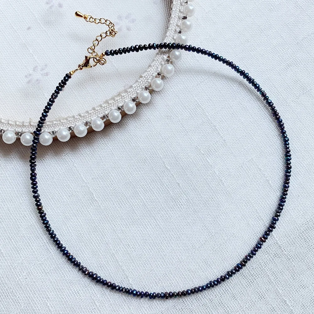 

Женское Ожерелье с жемчугом, элегантное ожерелье из натурального пресноводного жемчуга черного и белого цвета, маленькая пуговица 2-3 мм, оч...