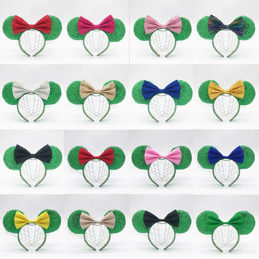 

5PCS Hair Accessories Headband Quality Christmas Green Sequin Bow Headband Mickey Black Ear Headband Minnie Baby Headwear