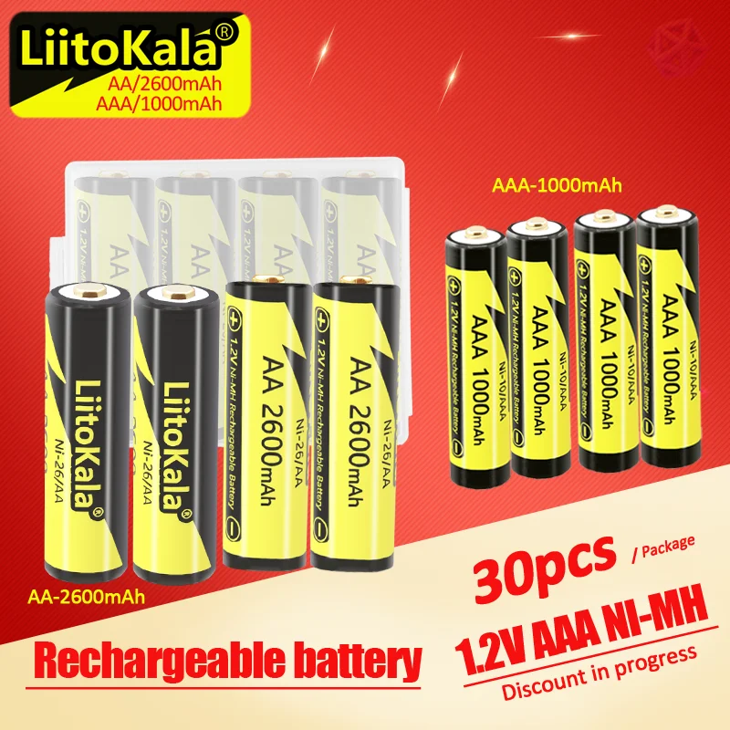 

LiitoKala 1.2V AA 2600mAh AAA 1000mAh 1.2V NI-MH Camera Flashlight Toy Pre-Charged Rechargeable Batteries with box 30PCS