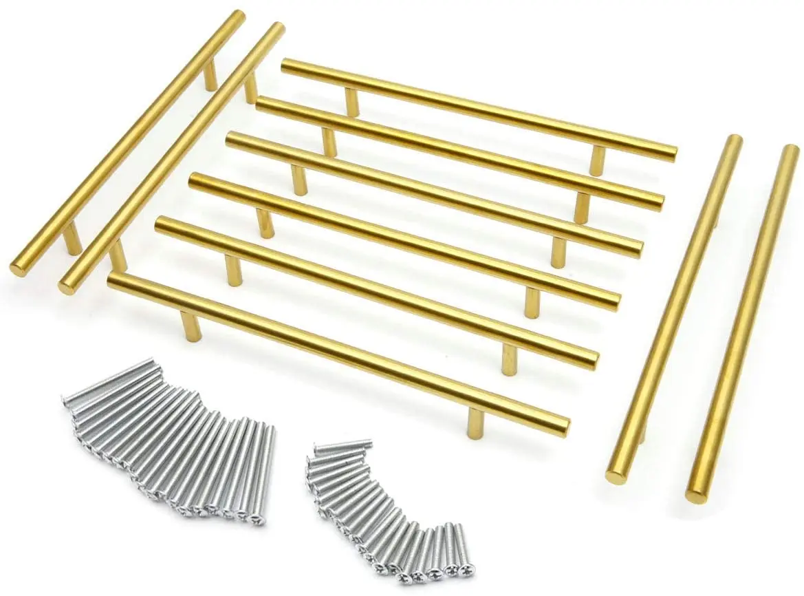 

10 pcs Stainless Steel T Bar Handles Kitchen Cupboard Cabinet Door Knob Furniture Drawer Pull (Gold)