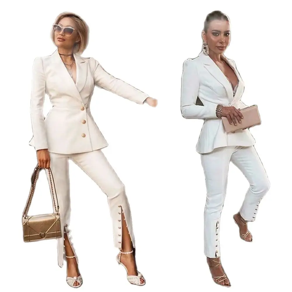 

Белые женские костюмы из 2 предметов, облегающие Женские Брючные костюмы, женский летний костюм, женский костюм-Блейзер, костюм для женщин (п...