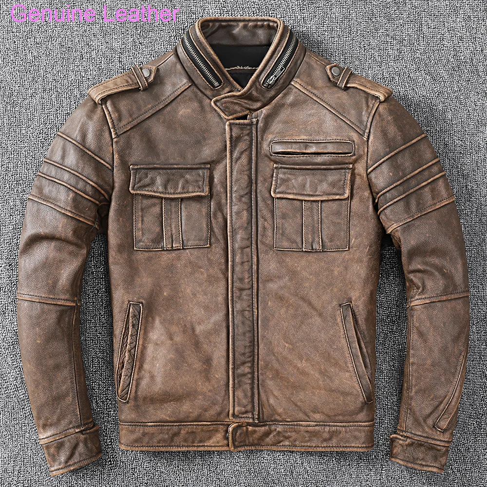 

Jacket Genuine New Male Men Leather Cowhide Vintage Coat Style Man Motorcycle Biker Clothes Thick Calfskin Real Learher Coats