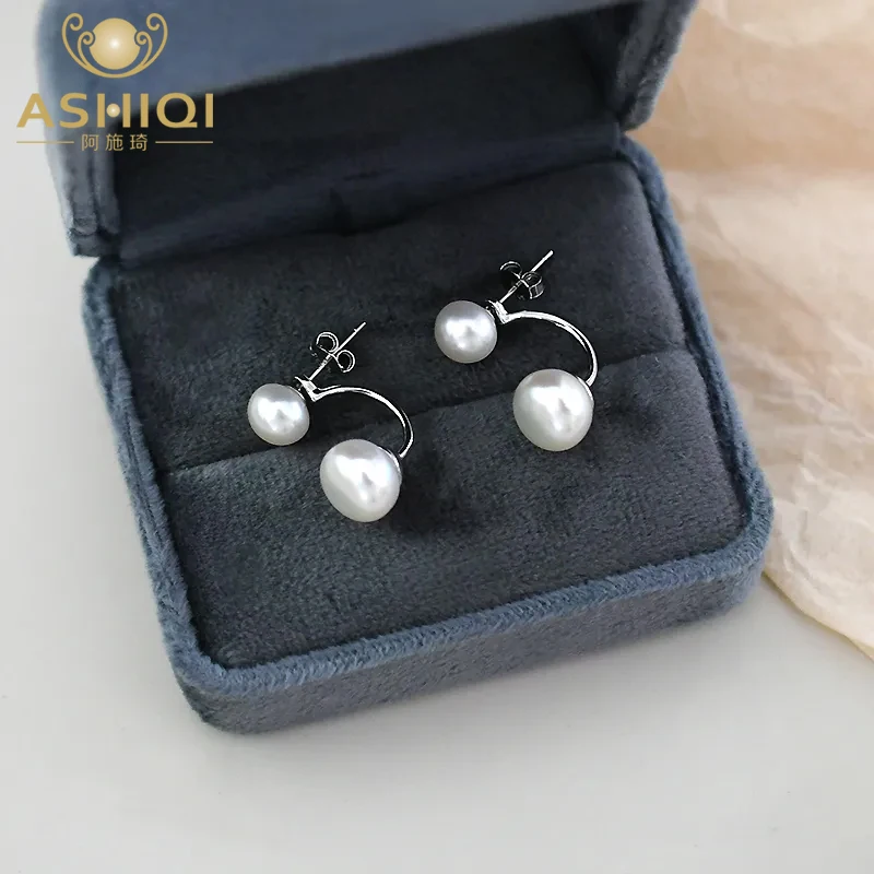 

ASHIQI Natural Freshwater Double Pearl Earrings 925 Sterling Silver for Women Fashion Wedding Jewelry
