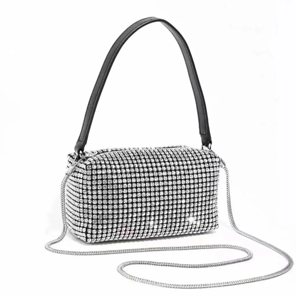 

Fashion Women's Silver Diamond Bag Simple High Quality Tote Bag Small Chains Boston Handbag Female Shoulder Crossbody Bags