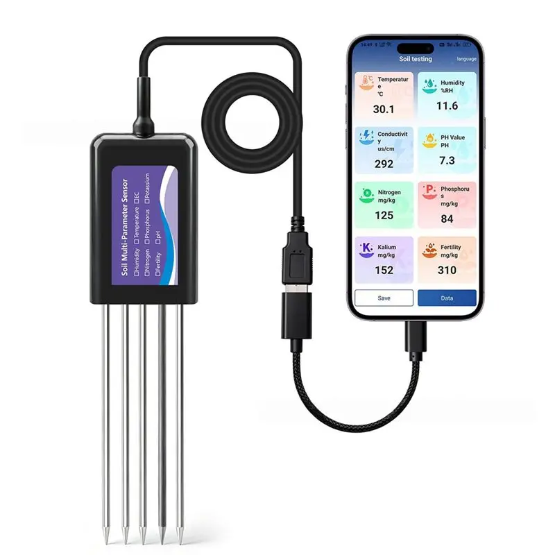 Фото AB42-Монитор почвы для сада и фермы, 8-в-1 USB-датчик-тестер для измерения pH, EC, влажности, температуры и плодородия для телефонов Android №2