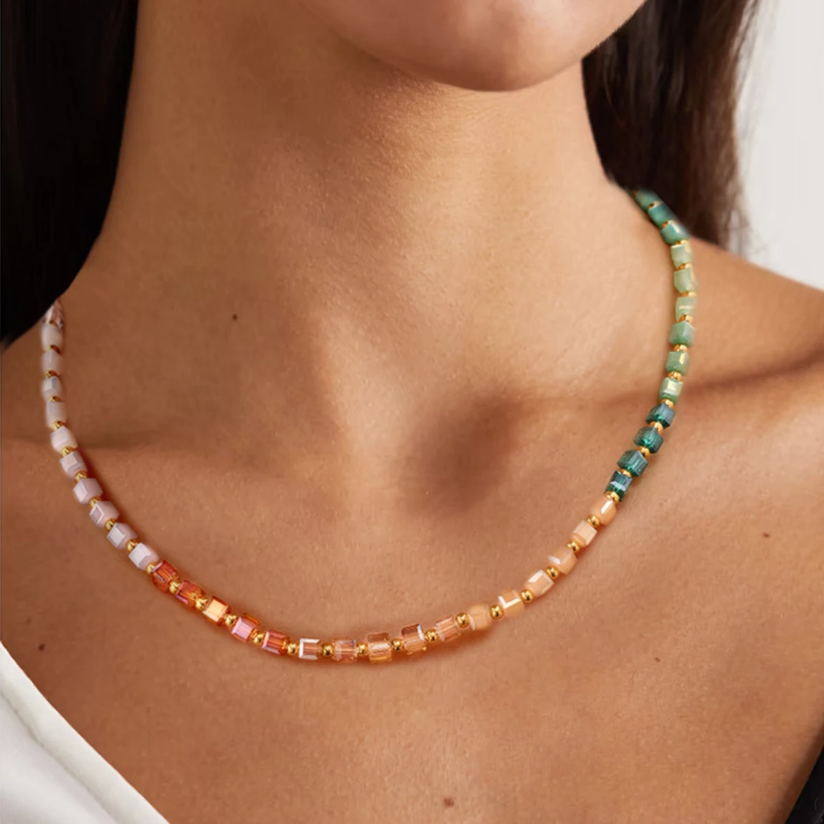 Женское ожерелье из нержавеющей стали с разноцветными кристаллами