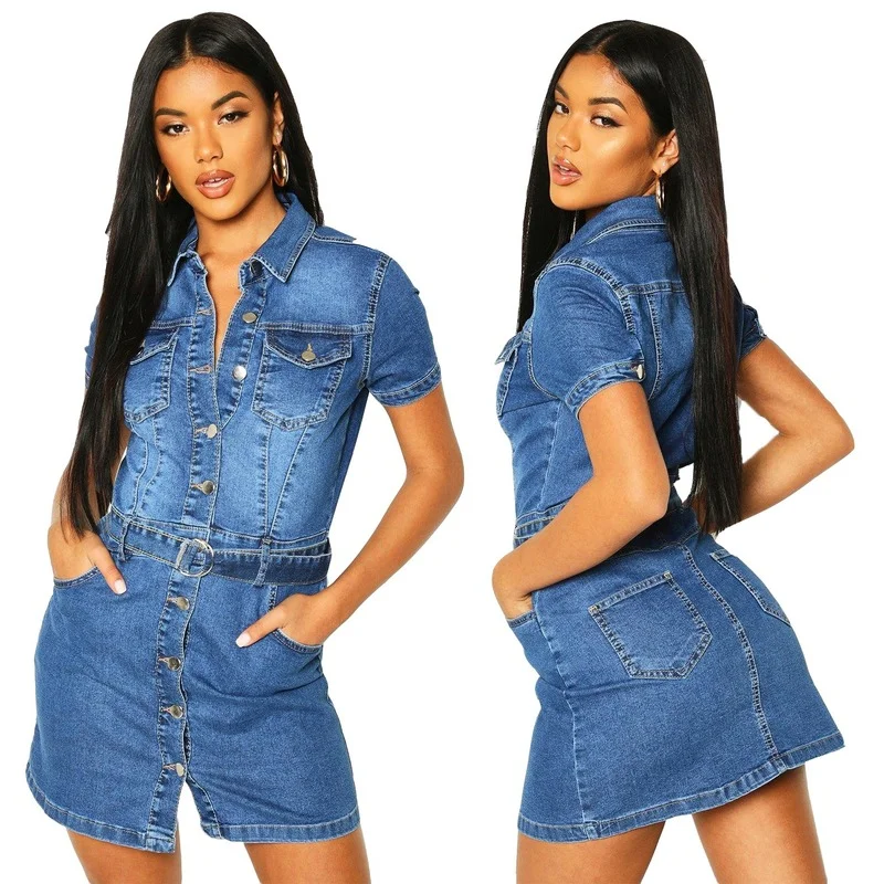 

Мини-платье женское джинсовое с отложным воротником и коротким рукавом