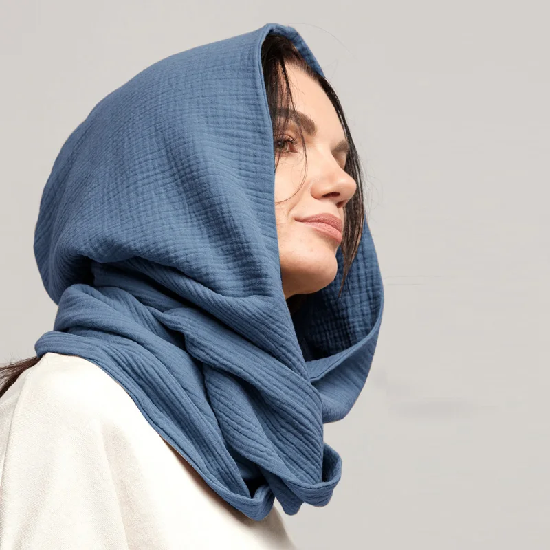 ผ้าฝ้ายอินทรีย์ Unisex Hooded ผ้าพันคอ Retro Gauze Muslin Cowl Shrug ผู้ชายเทศกาลฝาครอบรถ Hijab หมวกผ้าพันคอ