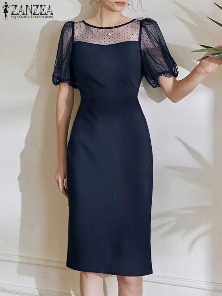 

ZANZEA Elegant Mesh Spliced Vestidos Solid Color Women Party Dress Puff Sleeve OL Robe Fashion Round Neck Slim Knee-length Dress