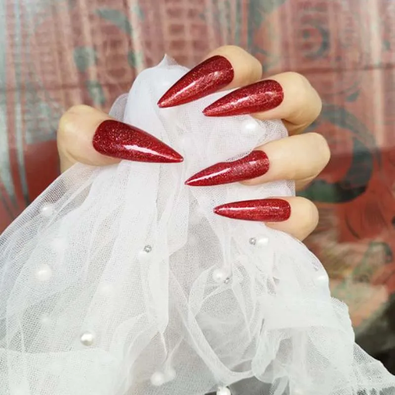 

24PCS Sweet Fake Nails Long Pointed Head with Full Red Shine Decor Save Time Wearable Finished Nail Piece J01