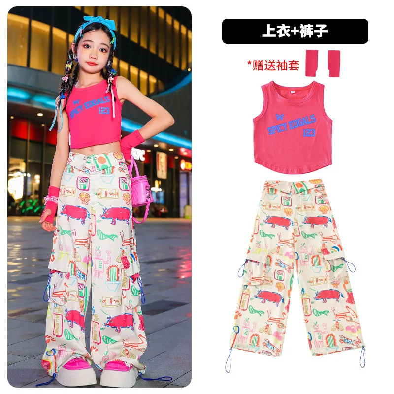 

Hip Hop Girls Crop Top Cartoons Cargo Pants Child Tank Tops Joggers Streetwear Clothes Sets Kids Sweet Street Dance Jazz Costume