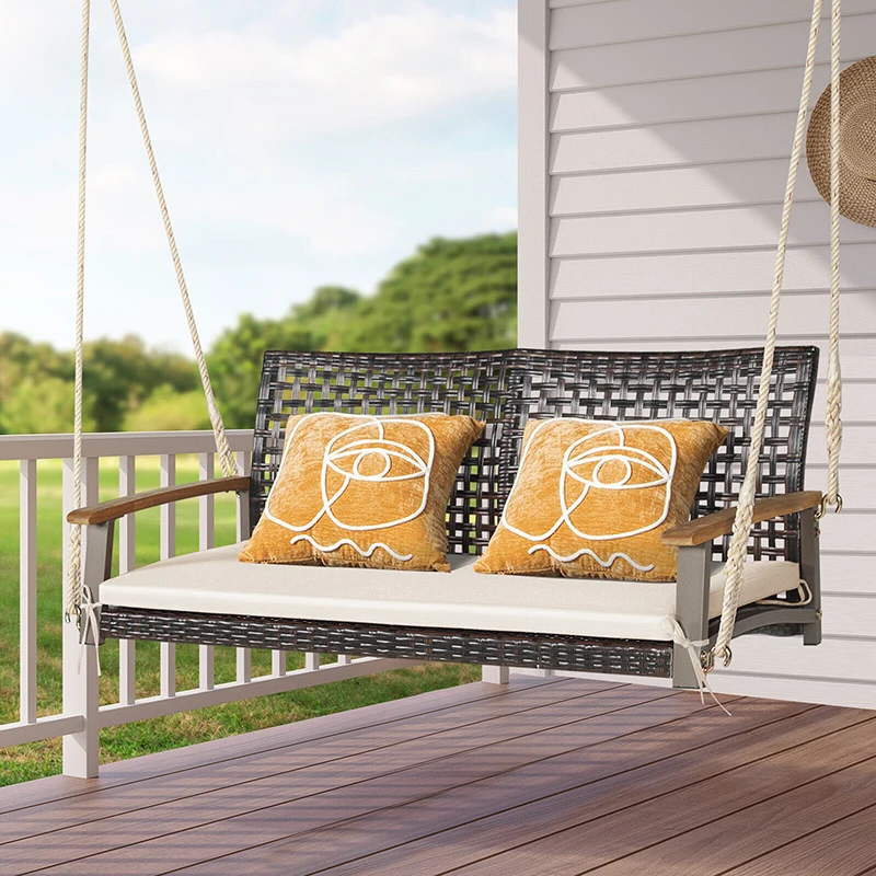 

2-Person Rattan Hanging Porch Swing Chair Outdoor Garden Hanging Chair Double Swing Lounge Chairs