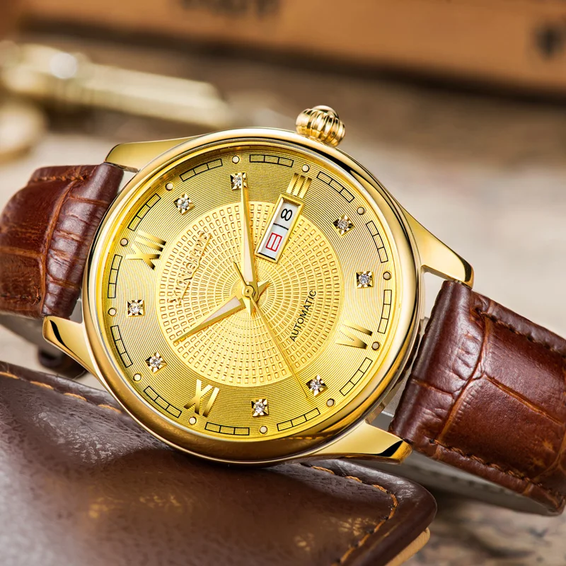 39MM Two Tone Mens Watch Automatic Mechanical Movement Male Clock Complete Calendar Luminous Wristwatch Leather Strap Watch