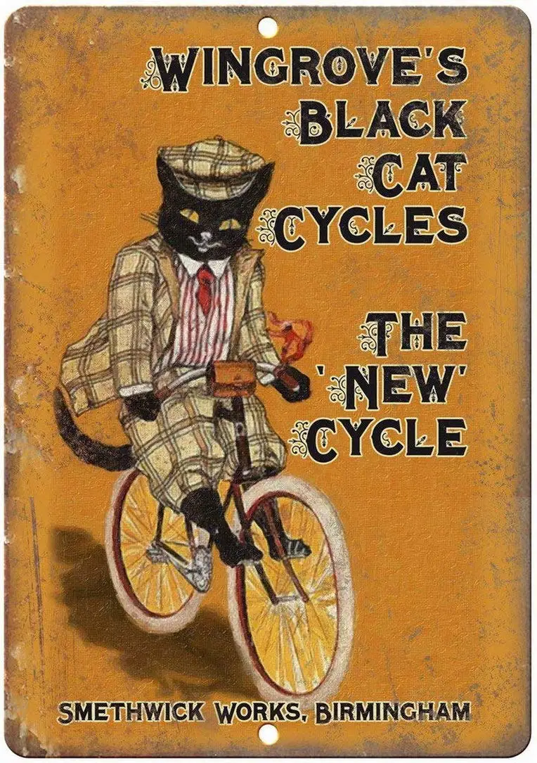 

2 Pcs Wingrove Black Cat Cycles Bicycle Nostalgic Wall Plaque Look Reproduction House Coffee Metal Tin Sign 8 x 12 Inches