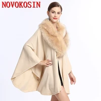5 colors solid knitted faux cashmere shawl overcoat women big faux fox trim collar loose poncho cape winter thick out streetwear
