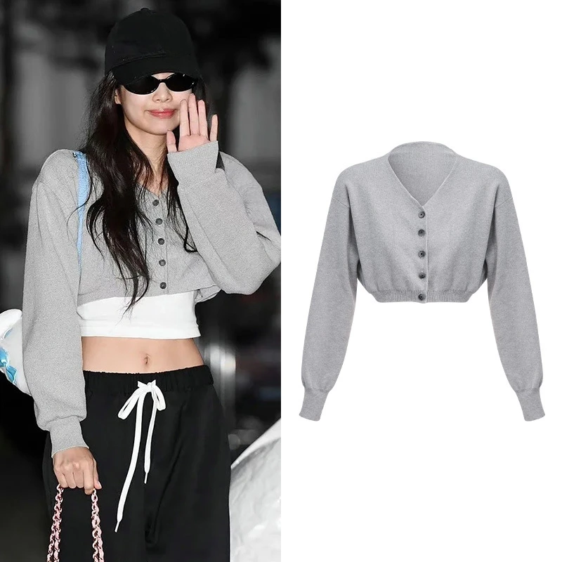 

Kpop Girl Group Jennie Autumn New Women Sexy Short Knitted Cardigan Sweaters Casual V-Neck Single-Breasted Long Sleeve Knitwear