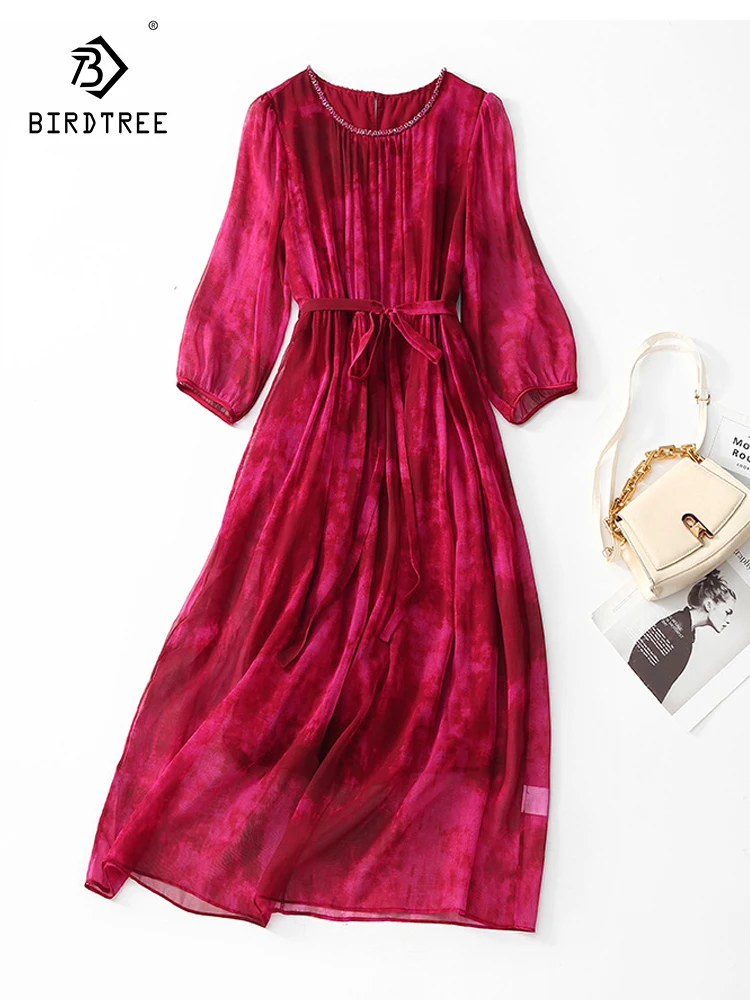 Birdtree 100%Real Silk 2023 Summer Dress Women's Red Elegant V-neck Fashion Dresses Ruffles Loose Print Dress A-line D37442QC