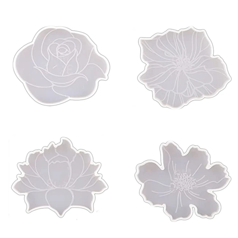 

4Pcs DIY Glue Mold Flower Coaster Mold Resin Mirror Rose Placemat Tea Cup Table Silicone Mold, Home Decoration