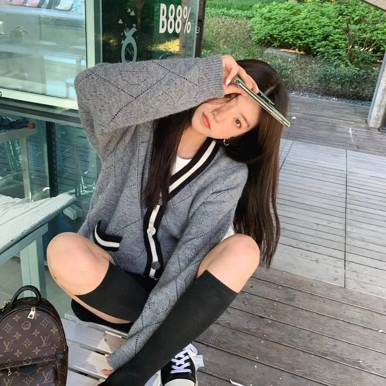 Новый вязаный свитер в японском стиле 2023 однотонный кардиган винтажный