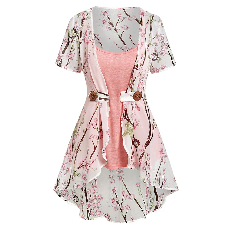 

Peach Blossom Print Irregular Blouse And Camisole Set Asymmetric Women Spring New Top Twinset