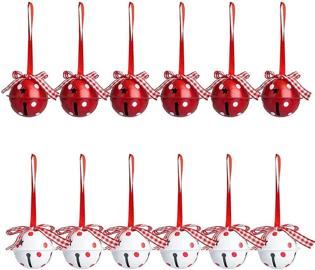 

12pcs/set Christmas Decoration Craft Bells Ornaments Red White Metal Stars 50mm Merry Christmas Tree Decor Bells New Year 2023