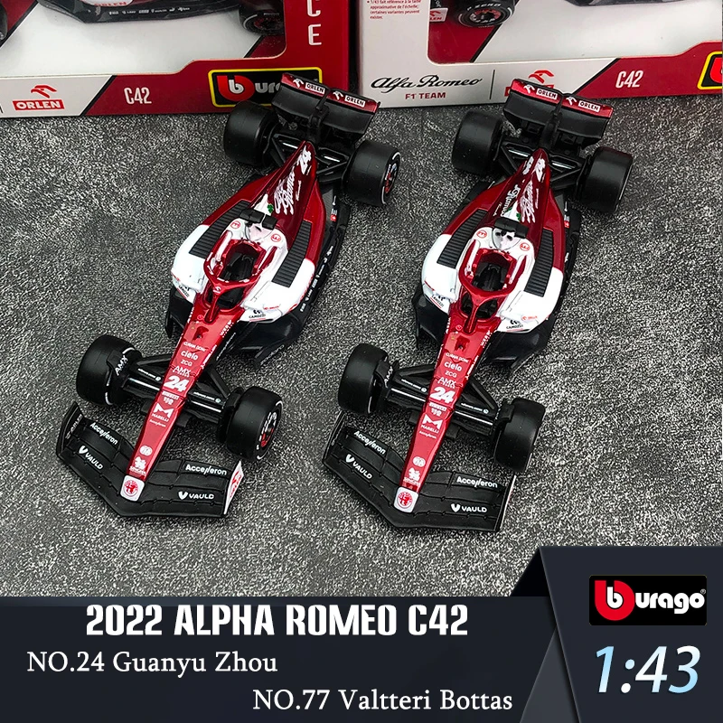 

Модель автомобиля Bburago 1:43 F1 из сплава 2022 Alpha Romeo C42 #24 Guanyu Zhou #77 Valtteri Bottas Коллекционная Классическая коллекция