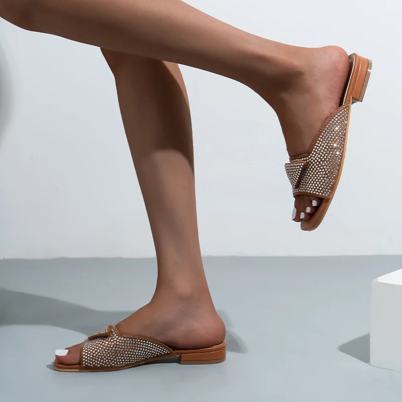 2023 Square Toe Crystal Flat Slippers Women Summer Black Comfy Shoes Female Dress Slides Outfit Party Casual Sandals Plus Size