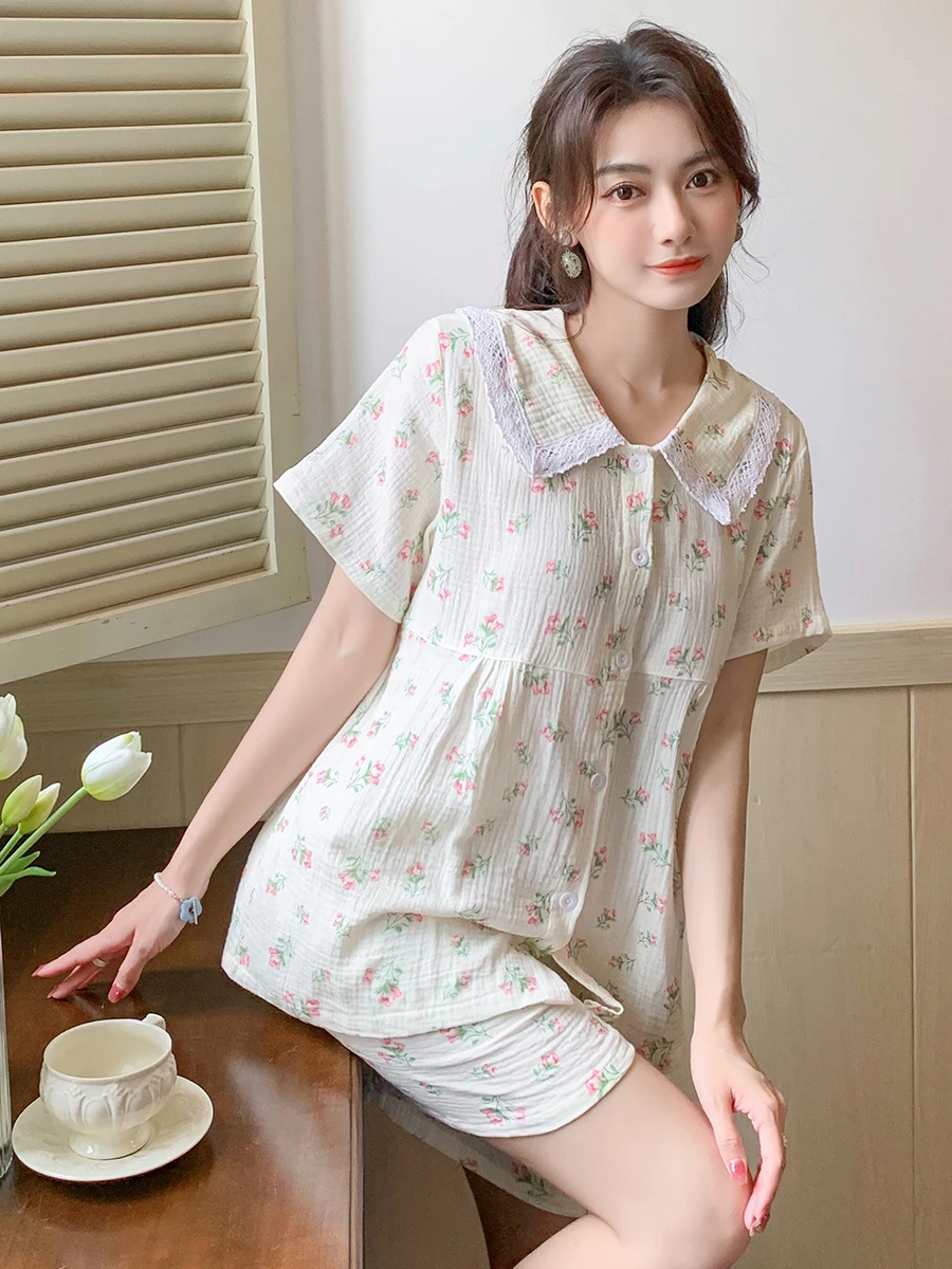 Pastoral floral doll collar short-sleeved shorts pajamas women's summer thin cotton gauze cardigan home service suit
