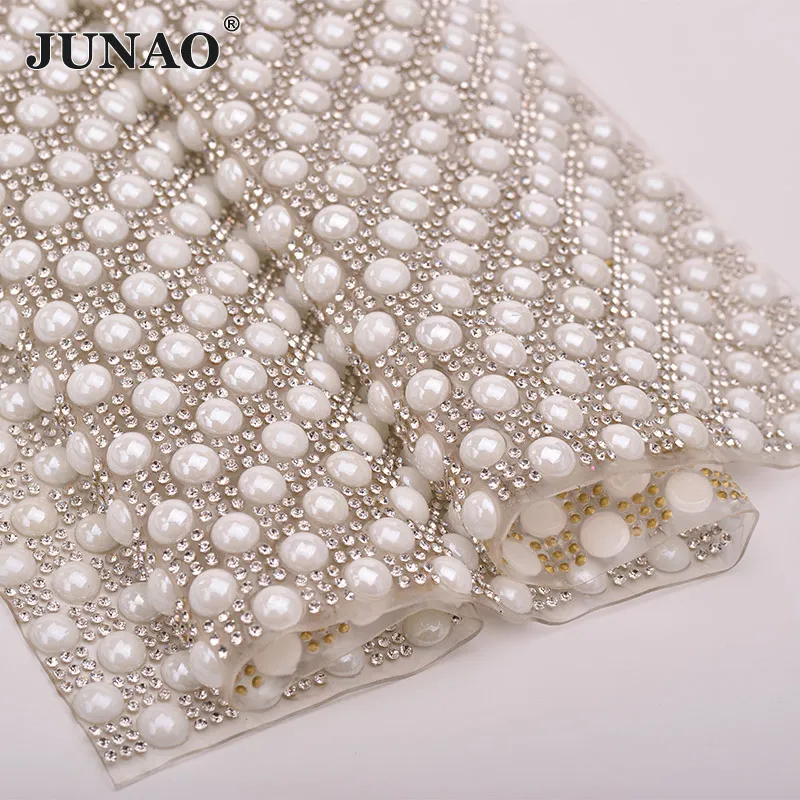 JUNAO 24x40cm White Pearl Trim Glass Rhinestones Mesh Crystal Fabric Hotfix Pearls Applique Strass Ribbon Wedding Dress Crafts